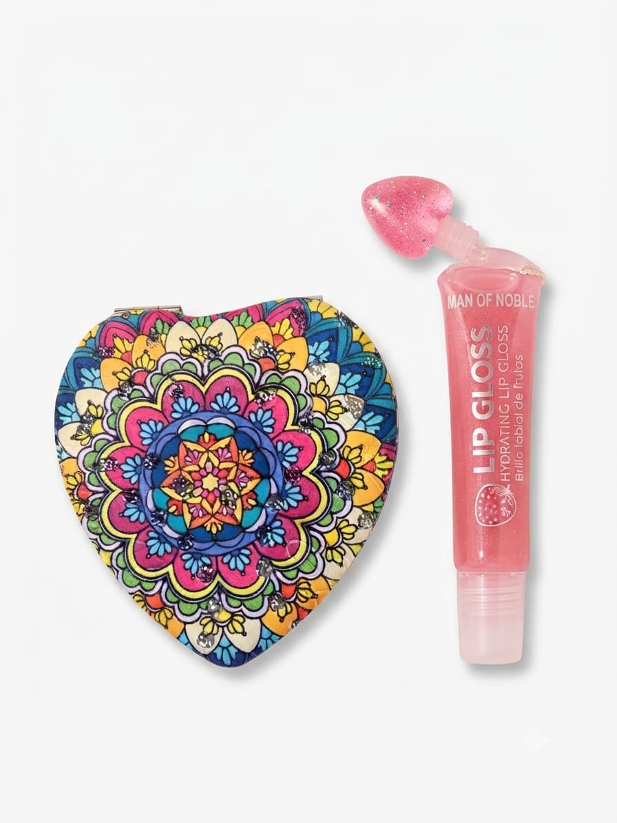 Mandala Heart Compact & Strawberry Lip Gloss Duo