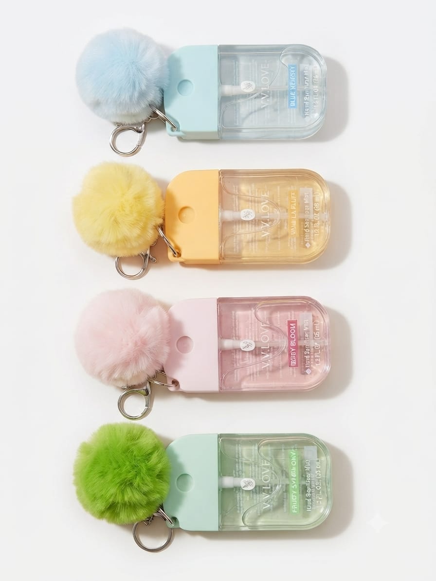 VVLOVE Pom‑Pom Keychain Sanitizer Sprays – 4 Scents