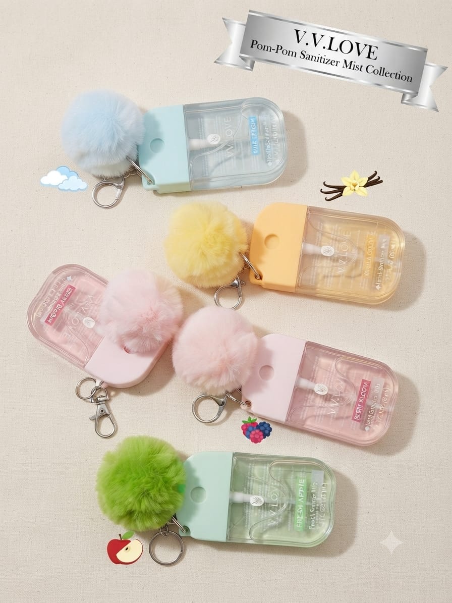 VVLOVE Pom‑Pom Keychain Sanitizer Sprays – 4 Scents - Image 3