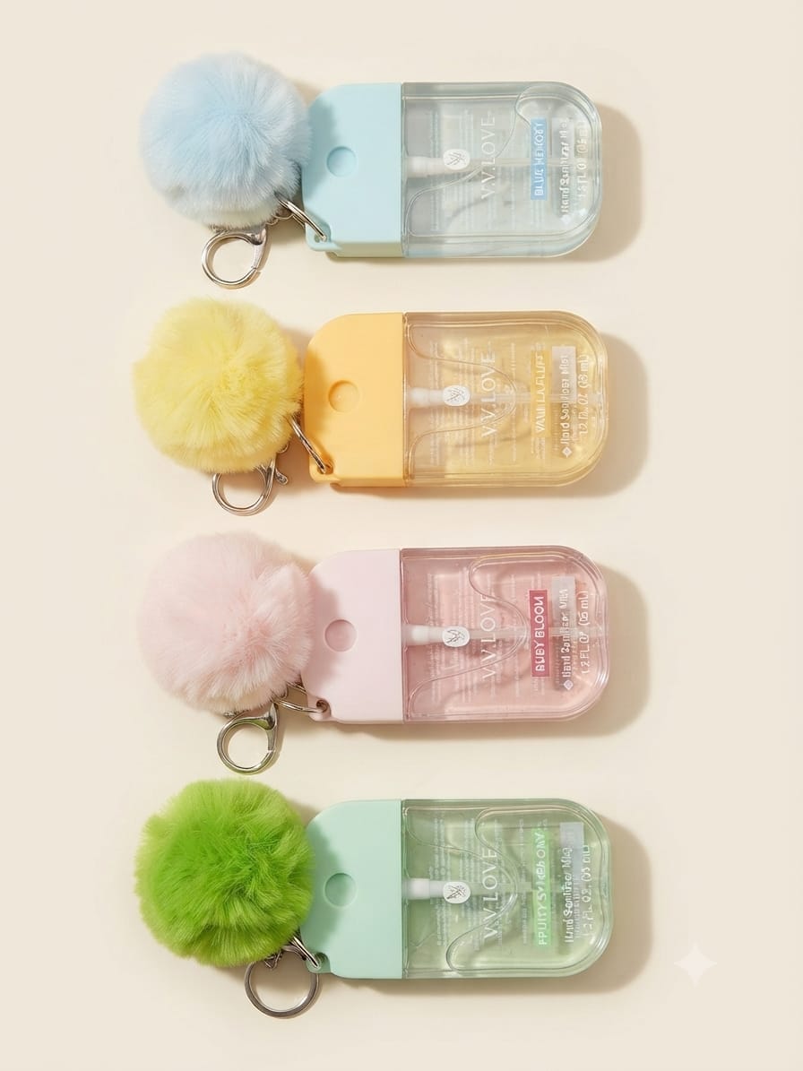 VVLOVE Pom‑Pom Keychain Sanitizer Sprays – 4 Scents - Image 2