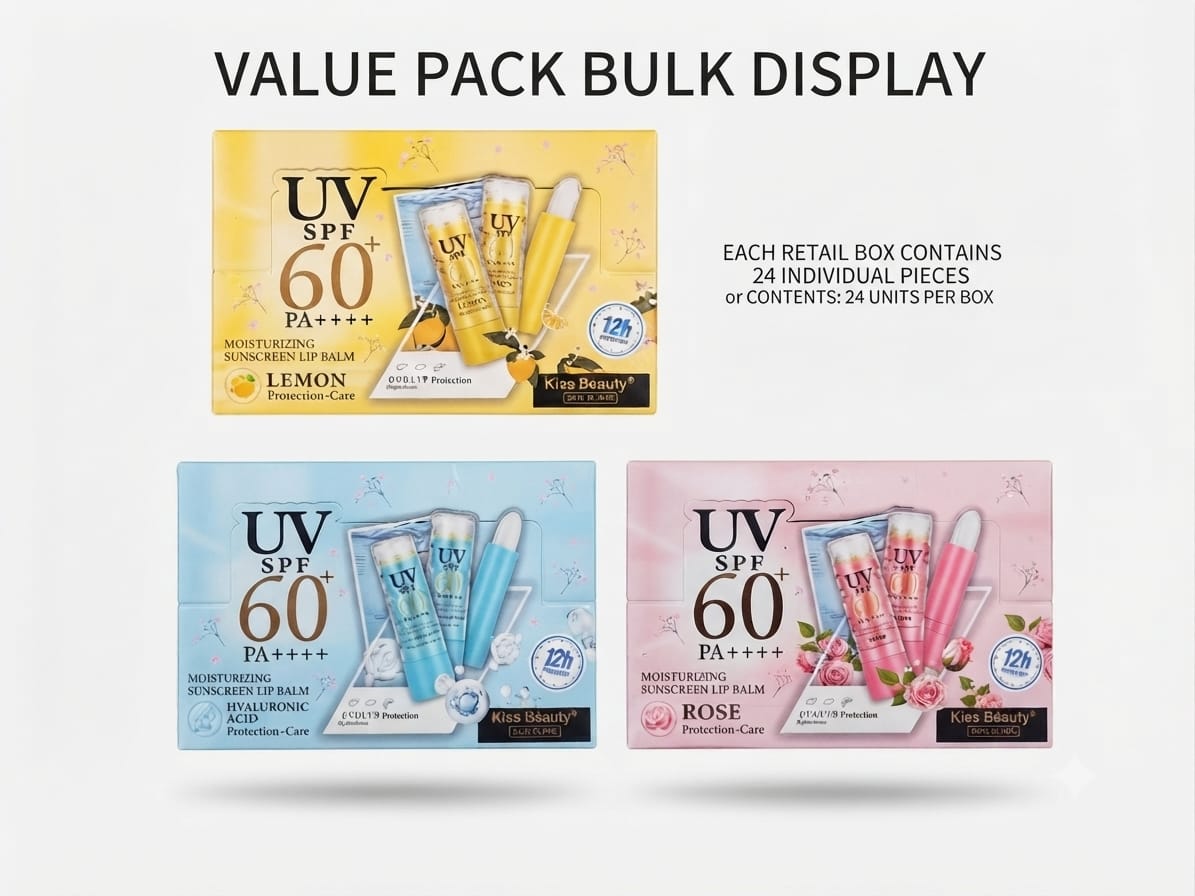 Kiss Beauty UV SPF 60 Moisturizing Sunscreen Lip Balm – Box of 24 (3 Flavors) - Image 2